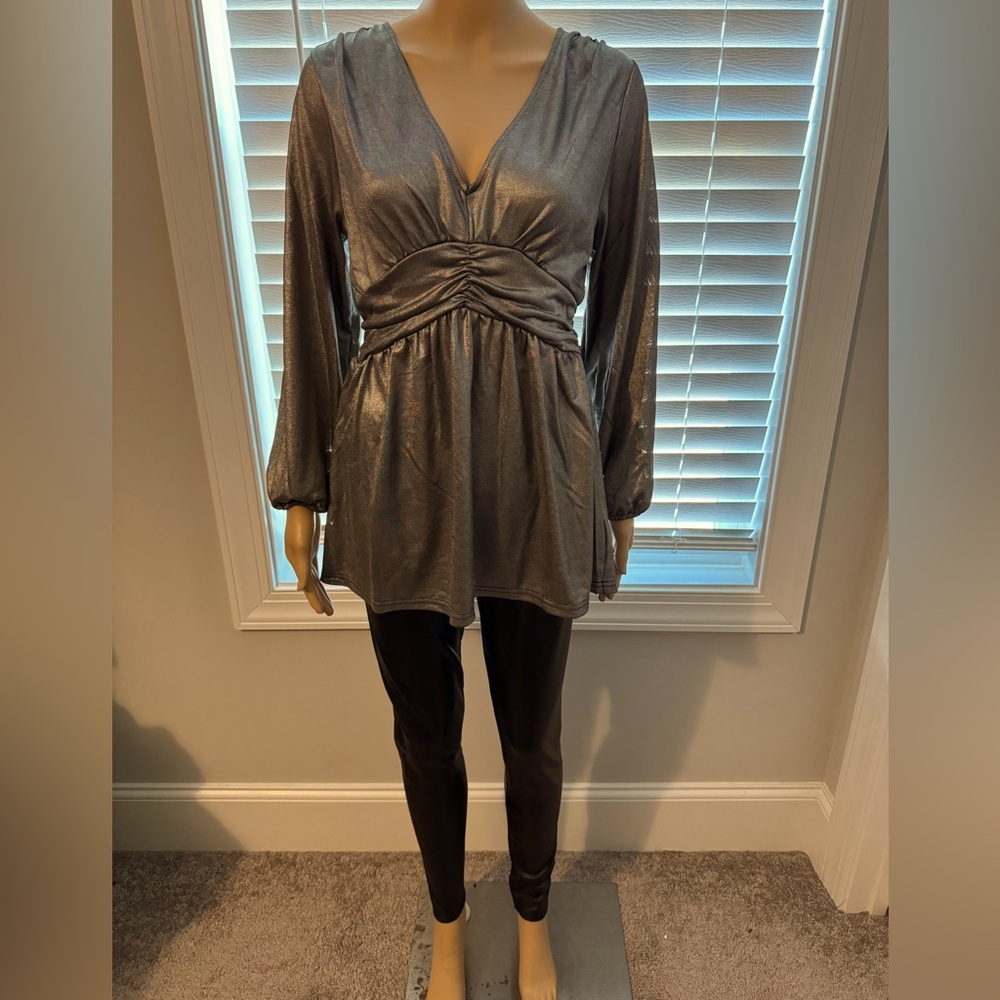 Pretty Pleione size M silver long sleeve mini dress tunic shirt NWT